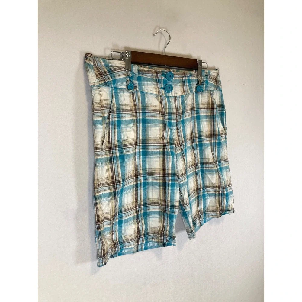 Y2K Coastal Bugle Boy For Her XL Turquoise Brown Plaid Cotton Blend Shorts